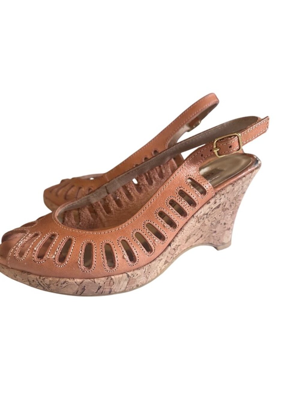 Chinese Laundry brown wedge buckle peeptoe sandals size 5.5M